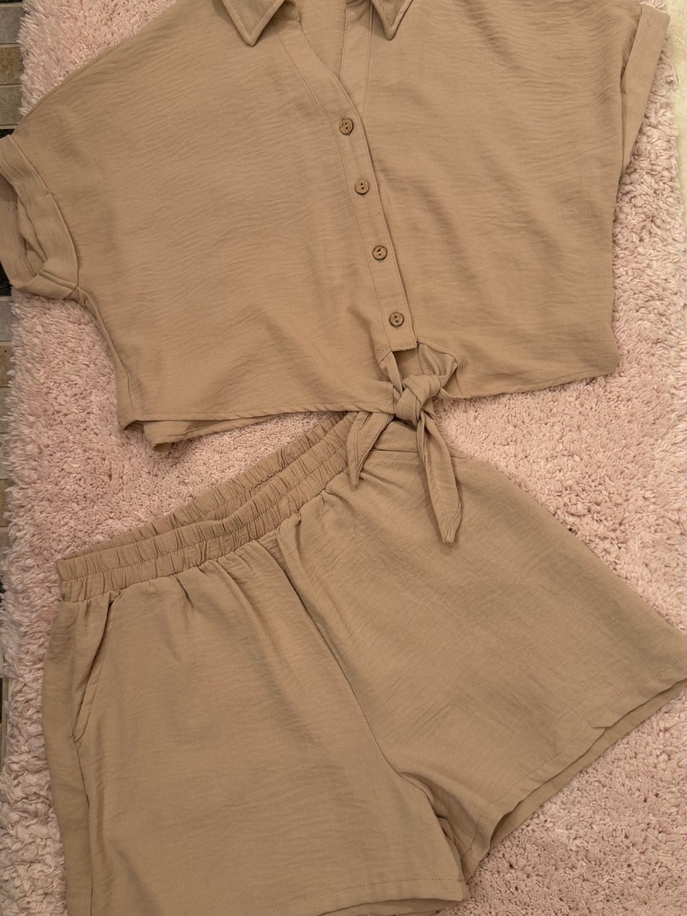 Beige Tie-Front Short Set - Women's Two-Piece Lounge Set